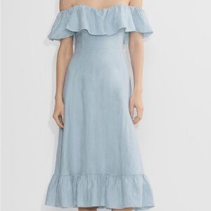 Aritzia Marmion Linen Off-Shoulder Light Blue Dress